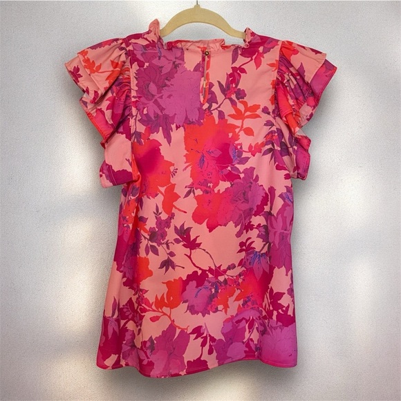 Entro Pink Purple Floral Ruffle Sleeve Summer Casual Blouse Top NWT- Small - Picture 5 of 8
